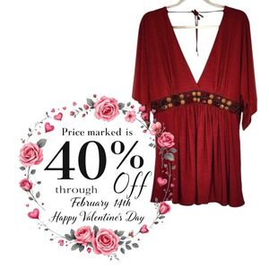 Linda Segal Red Embellished V Neck Kimono Sleeve Tunic Top Style 5912 Size XL